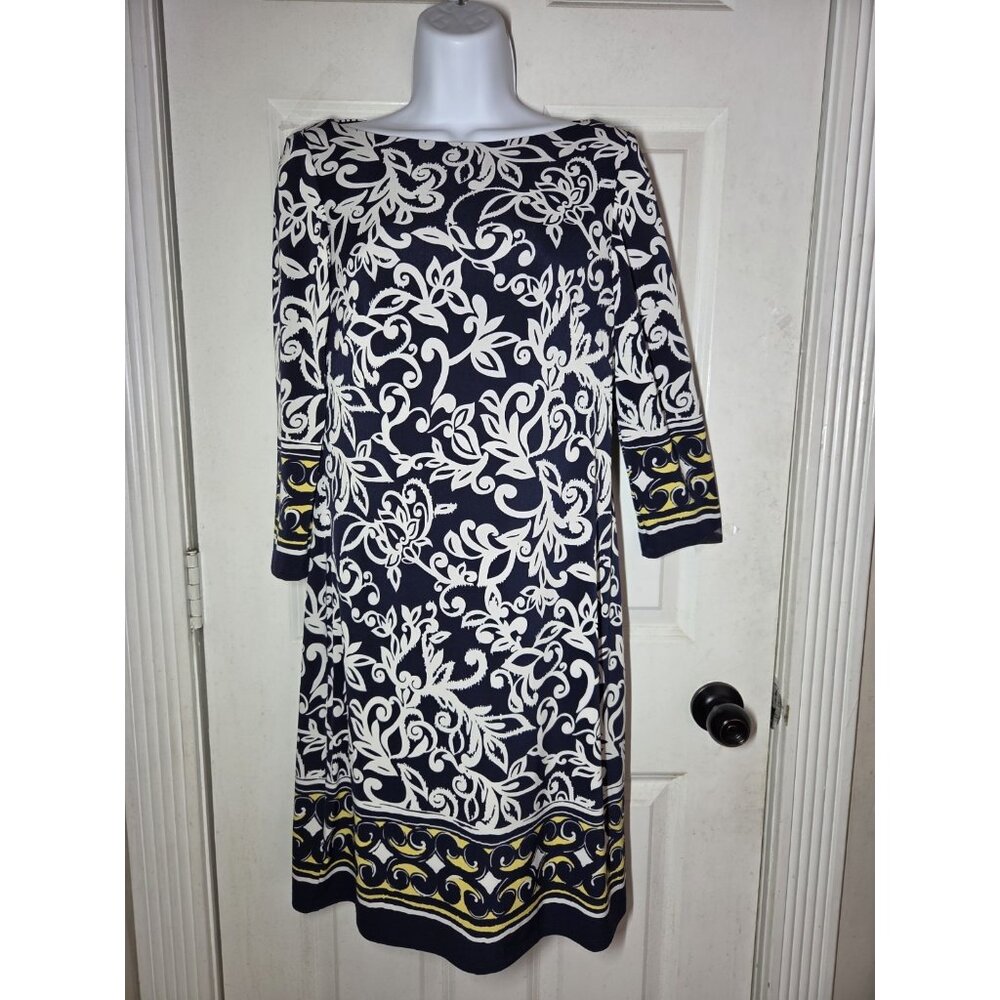 Chaps Navy White Floral Print Boat Neck 3/4 Sleeve Shift Dress Size S